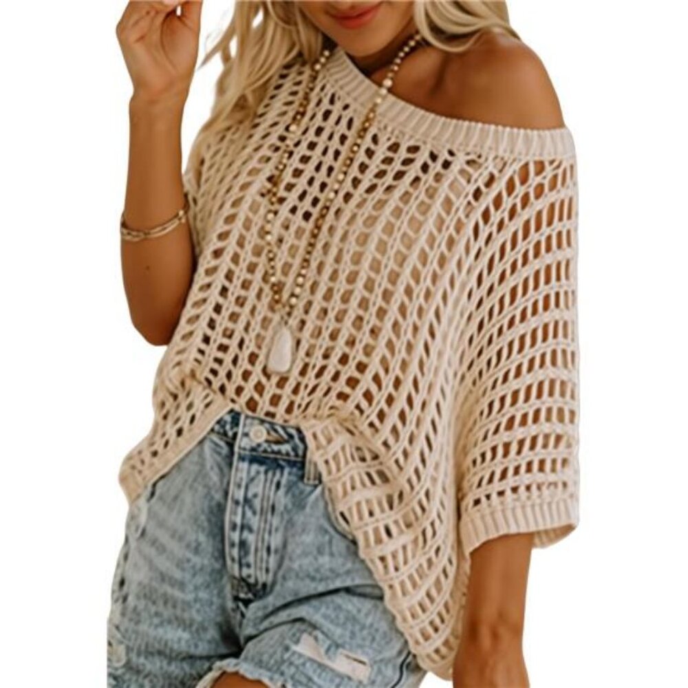 Women's Crochet Tops Short Sleeve Sweater 2025 Fashion Hollow Out Cover Up